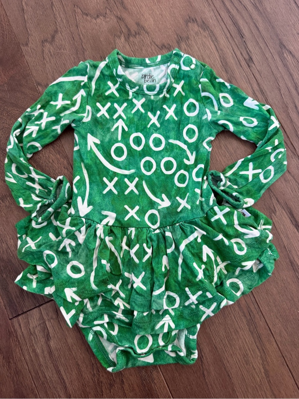 birdie bean bamboo Green Playbook Ruffled bodysuit dress football baby